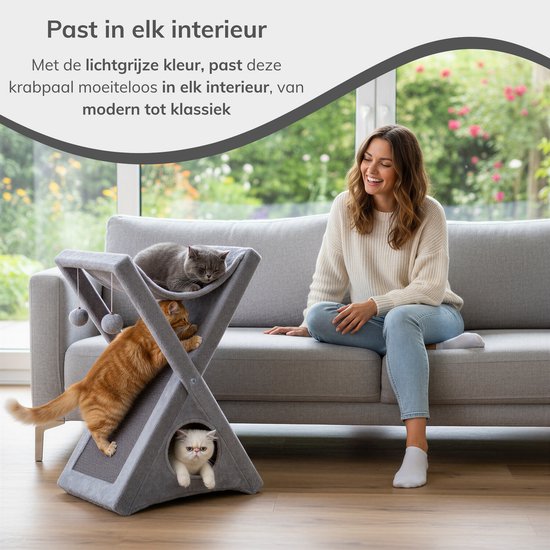 ACAZA Grijze Krabpaal met Kattenhuis - Afbeelding 3