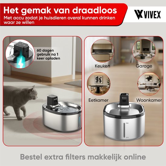 Vivex® 4.5L Draadloze RVS Drinkfontein - Afbeelding 3